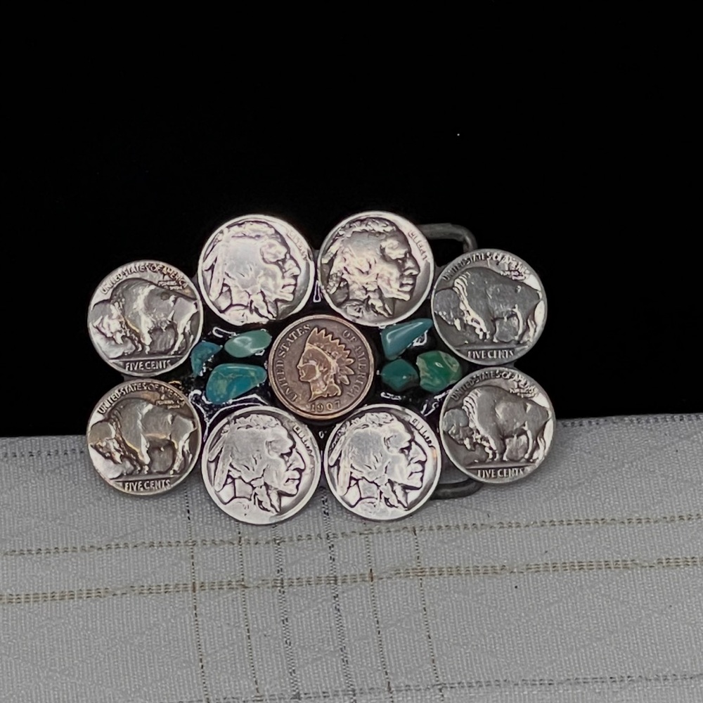 Vintage Buffalo Nickels Turquoise Belt Buckle with Indian Head Penny in Center